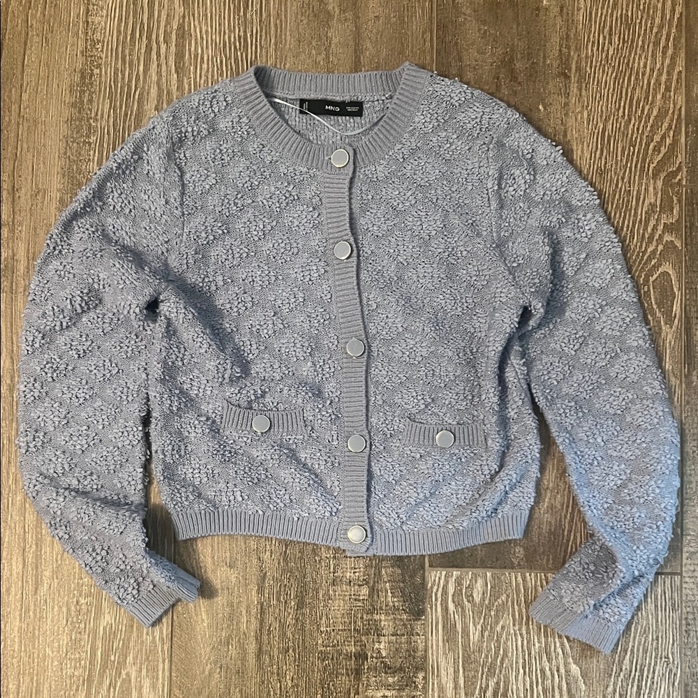 Mango light blue textured cardigan with blue & silver detailed buttons size XS